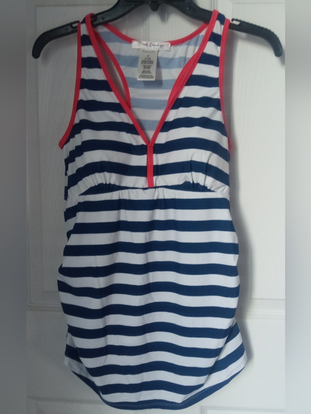 Pink Envelope Navy & White Striped One-Piece with Coral Trim Accent